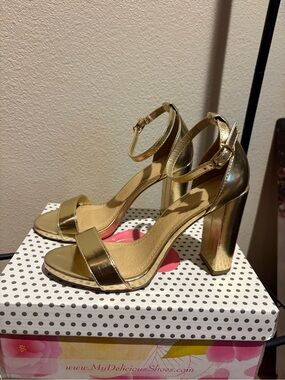 Gold Block Heel Ankle-Strap Sandals - Women's Dress Heels